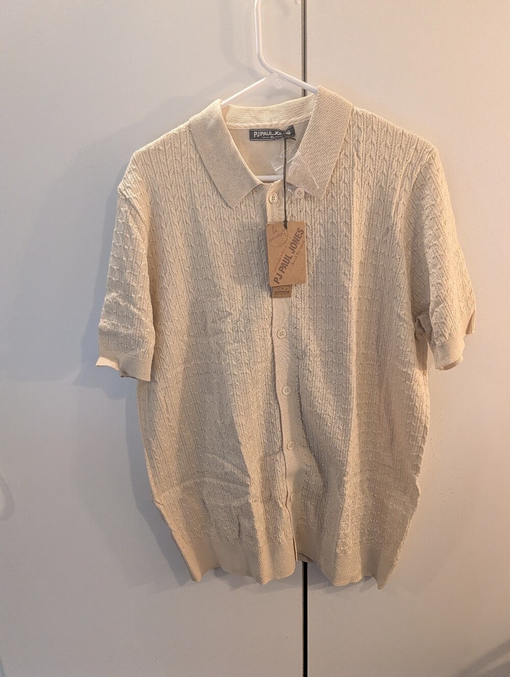 PJ Paul Jones Mens XL Cream Knit Short-Sleeve Cardigan Polo NWT